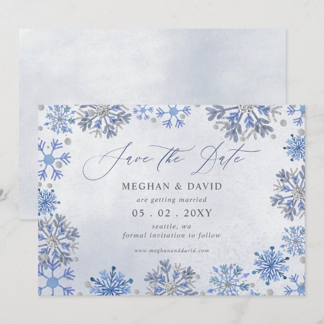 Snowflakes Silver Blue Christmas Winter Wedding Save The Date (Front/Back)