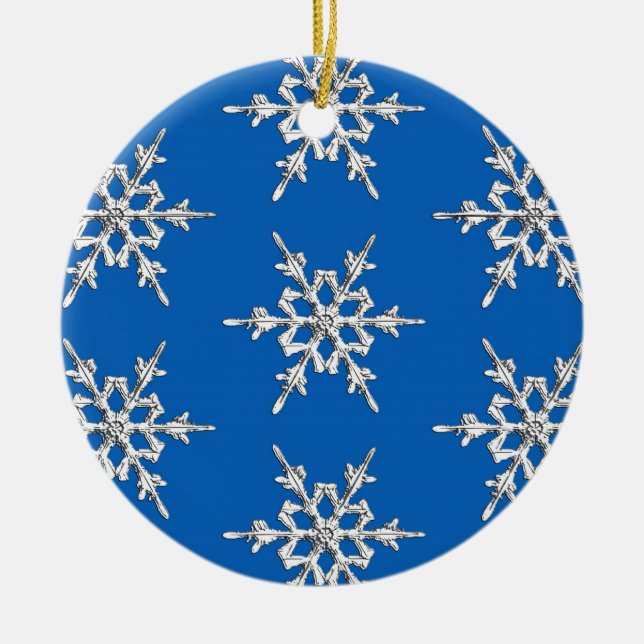 Snowflakes, silver crystals on cobalt blue ceramic tree decoration (Front)