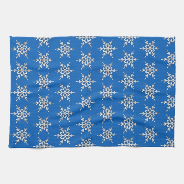 Snowflakes, silver crystals on cobalt blue tea towel (Horizontal)