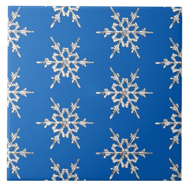 Snowflakes, silver crystals on cobalt blue tile (Front)