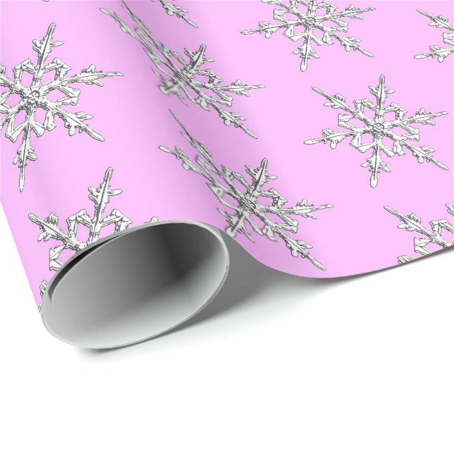 Snowflakes, silver crystals on ice pink wrapping paper (Roll Corner)