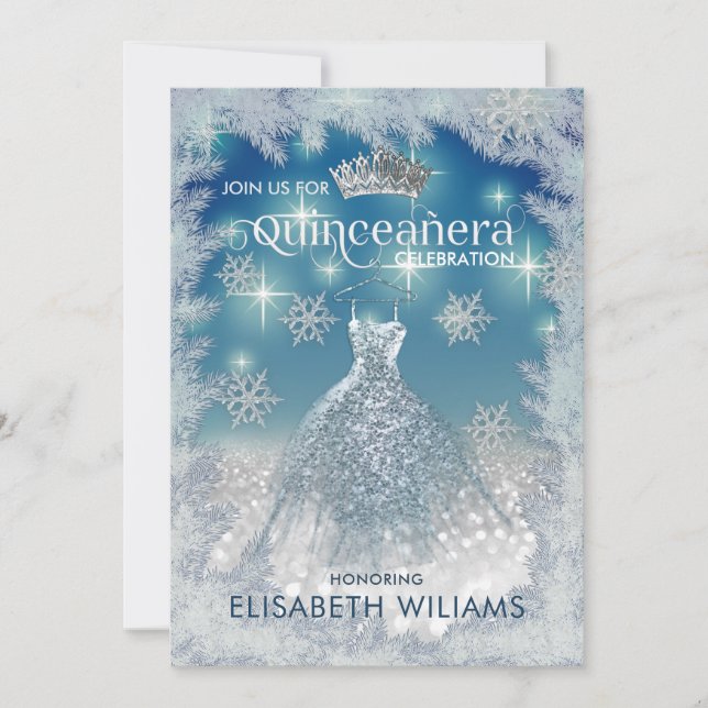 Snowflakes Silver dress ombre tiara Quinceañera  Invitation (Front)