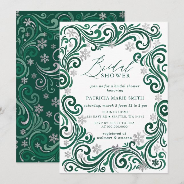  Snowflakes Silver Emerald Winter Bridal Shower Invitation (Front/Back)