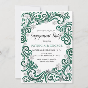 Snowflakes Silver Emerald Winter Engagement Invitation
