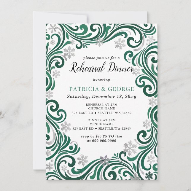  Snowflakes Silver Emerald Winter Rehearsal Dinner Invitation (Front)