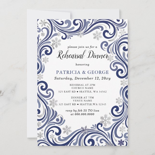  Snowflakes Silver Navy Winter Rehearsal Dinner Invitation (Front)