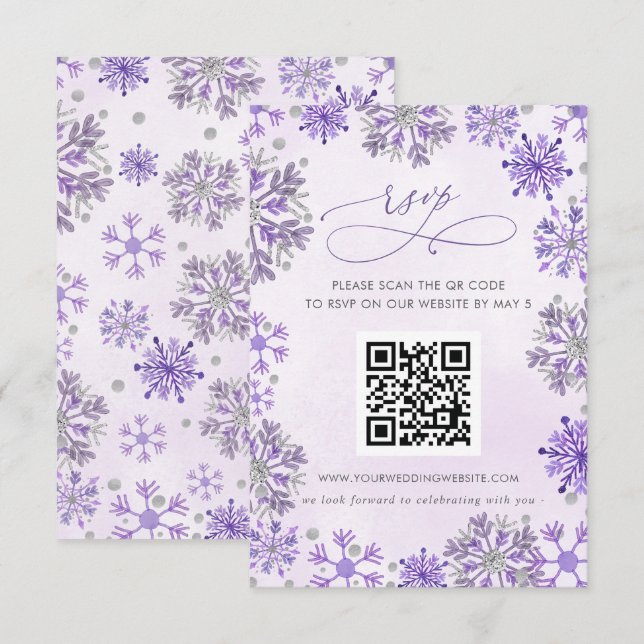 Snowflakes Silver Purple Winter Wedding QR CODE RSVP Card (Front/Back)