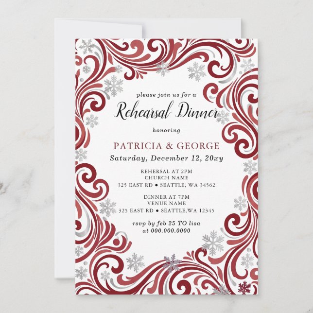  Snowflakes Silver Red Winter Rehearsal Dinner Invitation (Front)