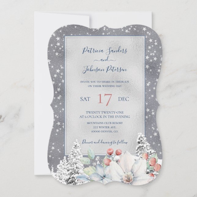Snowflakes silver winter rustic floral wedding invitation (Front)