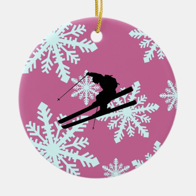 snowflakes skiing ceramic tree decoration (Front)