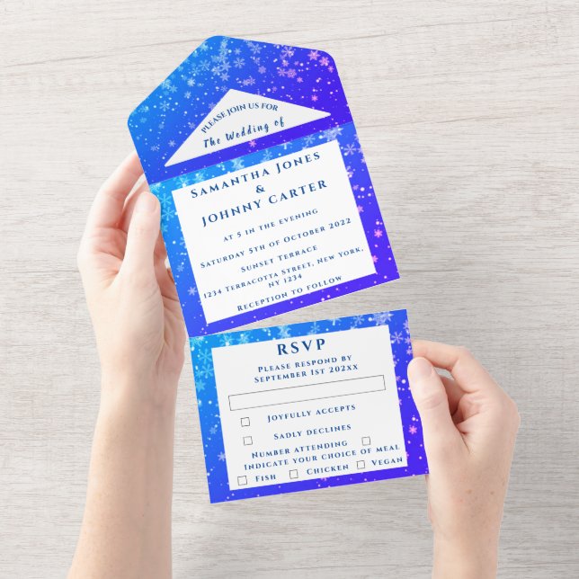 Snowflakes Snow Blue Winter Wonderland Wedding All In One Invitation (Tearaway)