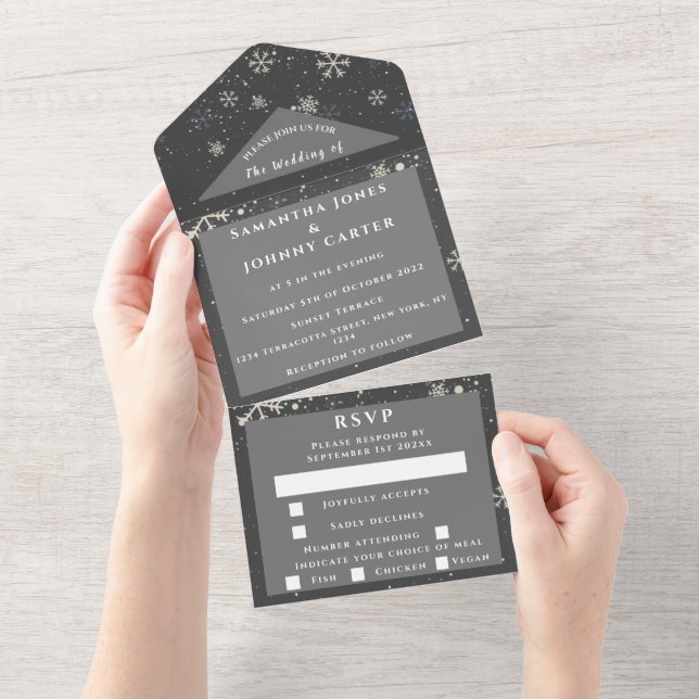 Snowflakes Snow Grey Winter Wonderland Wedding All In One Invitation (Tearaway)