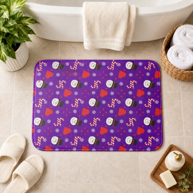 Snowflakes Snowman Candy Canes Blue Background Bath Mat (Snowflakes Snowman Candy Canes Blue Background Bath Mat)