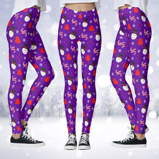 Snowflakes Snowman Candy Canes Blue Background Leggings