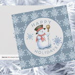 Snowflakes Snowman Happy Holidays Blue Grey Holiday Card<br><div class="desc">Winter holidays / Christmas dusty blue and light grey holiday square card with "Happy Holidays" modern typography style featuring a watercolor hand painted funny snowman and stylised snowflakes pattern on a bright coral red blue background. Your hand-lettered calligraphy wishes and signature on reverse. Suitable for seasonal family or business corporate...</div>