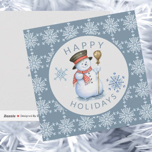 Snowflakes Snowman Happy Holidays Blue Grey Holiday Card