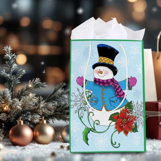 Snowflakes Snowman Poinsettia  Medium Gift Bag (Creator Uploaded)