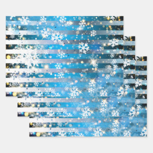 Snowflakes Sparkles and Lights On Blue Stripes Wrapping Paper Sheet