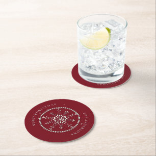 Snowflakes Sparkles Glitter Red Christmas Chic Round Paper Coaster