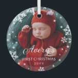 Snowflakes & Stars Baby's 1st Christmas Photo Glass Tree Decoration<br><div class="desc">Beautiful round glass Christmas ornament to celebrate your baby's first Christmas. Add a photo of your baby, boy or girl, and their name and the year. White snowflakes and stars are printed on your photo to give it a beautifully wintery feel. Snowflake and star themed first Christmas ornament in glass...</div>