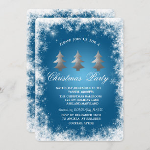 Snowflakes,Stars,Pine Tree Blue Christmas Party Invitation
