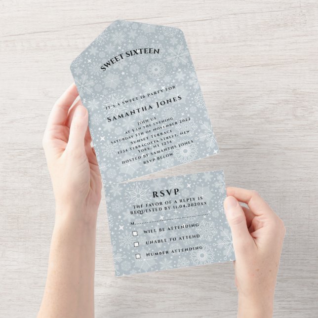 Snowflakes Sweet 16 Pretty Grey Girly  All In One Invitation (Tearaway)