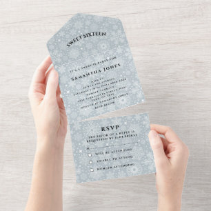 Snowflakes Sweet 16 Pretty Grey Girly All In One Invitation
