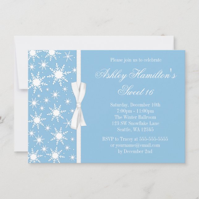 Snowflakes Sweet 16 Winter Wonderland Blue Invitation (Front)
