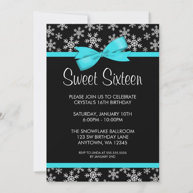 Snowflakes Teal Bow Winter Wonderland Sweet 16 Invitation (Front)