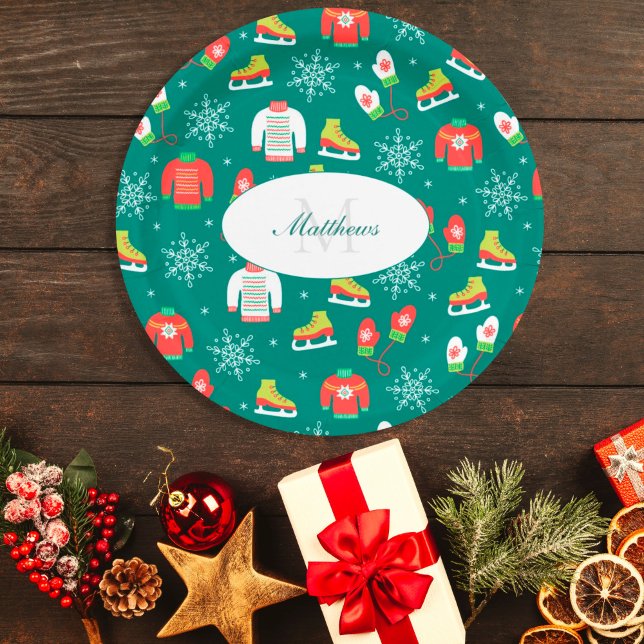Snowflakes Teal Monogram Pattern Christmas Party Paper Plate (Creator Uploaded)