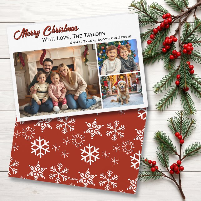 Snowflakes Three Family Photos Christmas Holiday Card (Creator Uploaded)