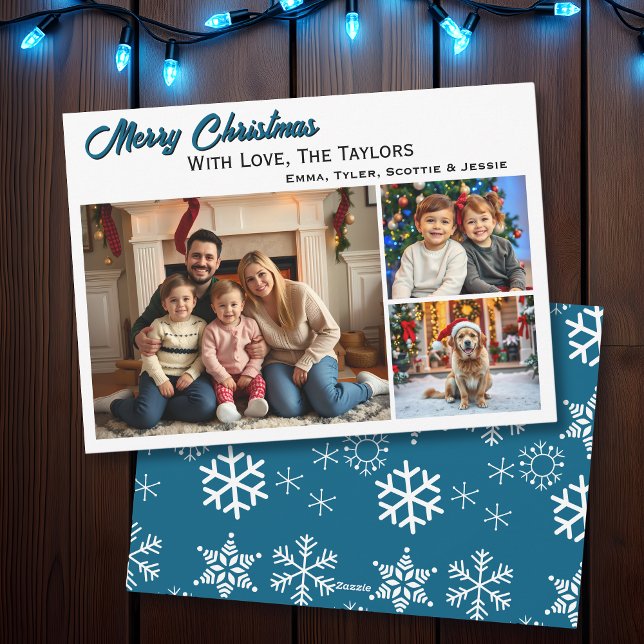 Snowflakes Three Family Photos Christmas Holiday Card (Creator Uploaded)
