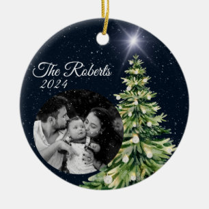 Snowflakes & Trees Winter Charm Elegant Navy Blue Ceramic Tree Decoration