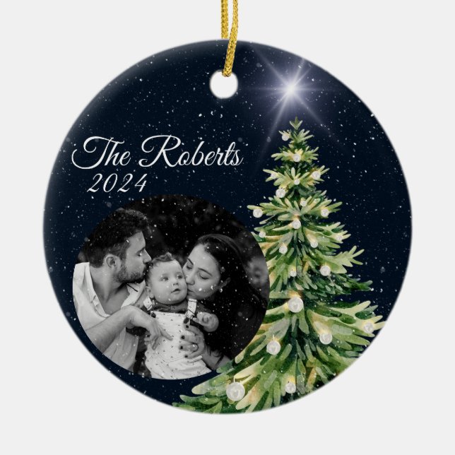 Snowflakes & Trees Winter Charm Elegant Navy Blue Ceramic Tree Decoration (Front)