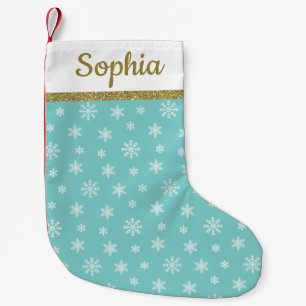 Snowflakes Turquoise pattern personalised name Small Christmas Stocking