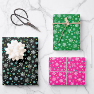 Snowflakes various shapes black green pink elegant wrapping paper sheet