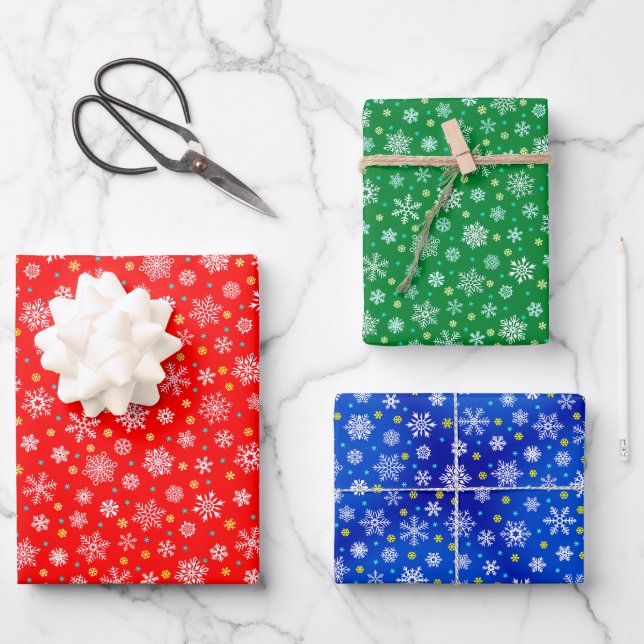 Snowflakes various shapes classic red green blue wrapping paper sheet (Front)