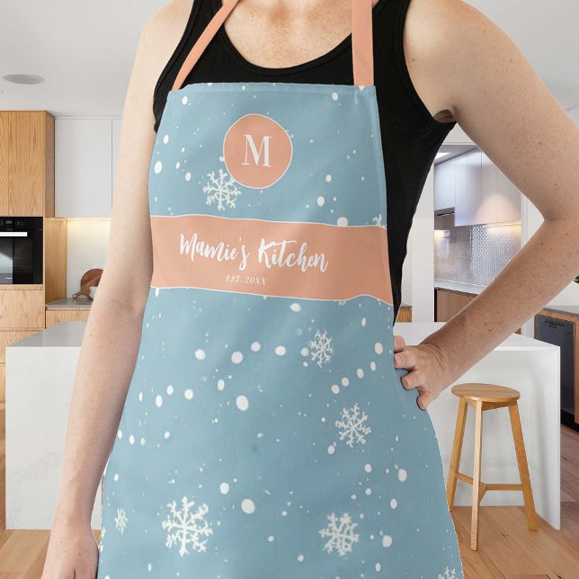 Snowflakes Vintage Blue Peach Pink Monogram Gift Apron (retro vintage personalized mom hostess apron snowflakes blue pink monogram christmas gift pretty )