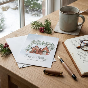 Snowflakes Watercolor Nordic Christmas Pine Trees Holiday Card