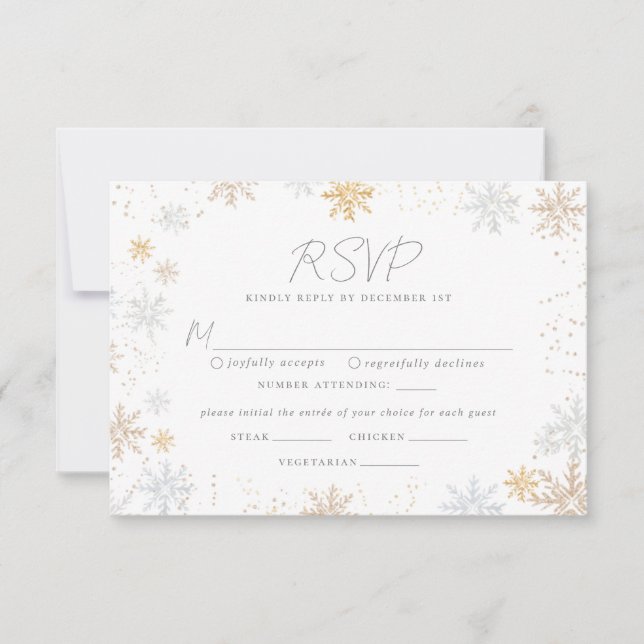 Snowflakes Wedding RSVP Card with Food Choice (Front)