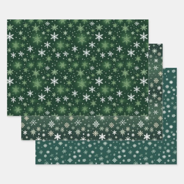 Snowflakes - White On Green Wrapping Paper Sheet (Set)