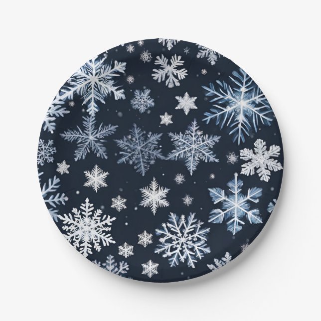 Snowflakes Winter Design Blue Cold Cute Paper Plate (Front)