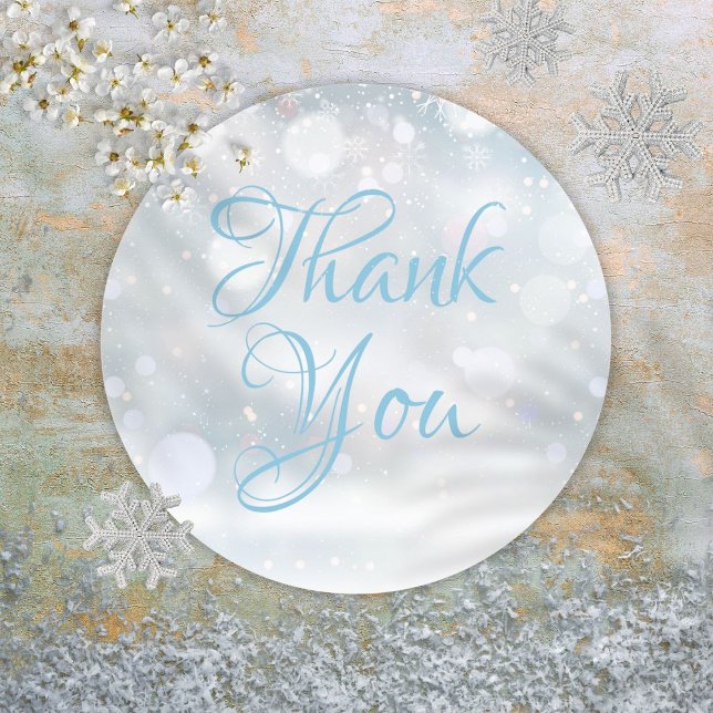 Snowflakes Winter Elegant Script Thank You Classic Round Sticker (Snowflakes Winter Elegant Script Thank You Classic Round Sticker)
