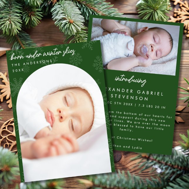 Snowflakes Winter Skies Green Christmas Birth Announcement (Creator Uploaded)