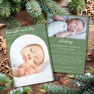 Snowflakes Winter Skies Sage Green Christmas Birth Announcement