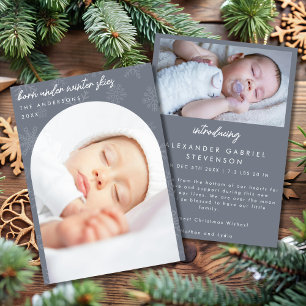 Snowflakes Winter Skies Slate Grey Christmas Birth Announcement