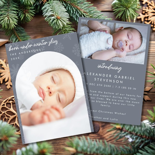 Snowflakes Winter Skies Slate Grey Christmas Birth Announcement (Creator Uploaded)