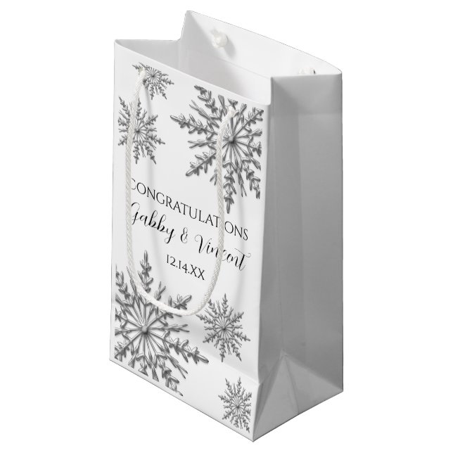 Snowflakes Winter Wedding Congratulations Small Gift Bag (Front Angled)