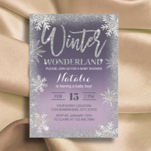 Snowflakes Winter Wonderland Purple Baby Shower Invitation