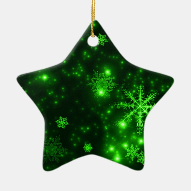 Snowflakes with Green Background Ceramic Tree Decoration (Front)